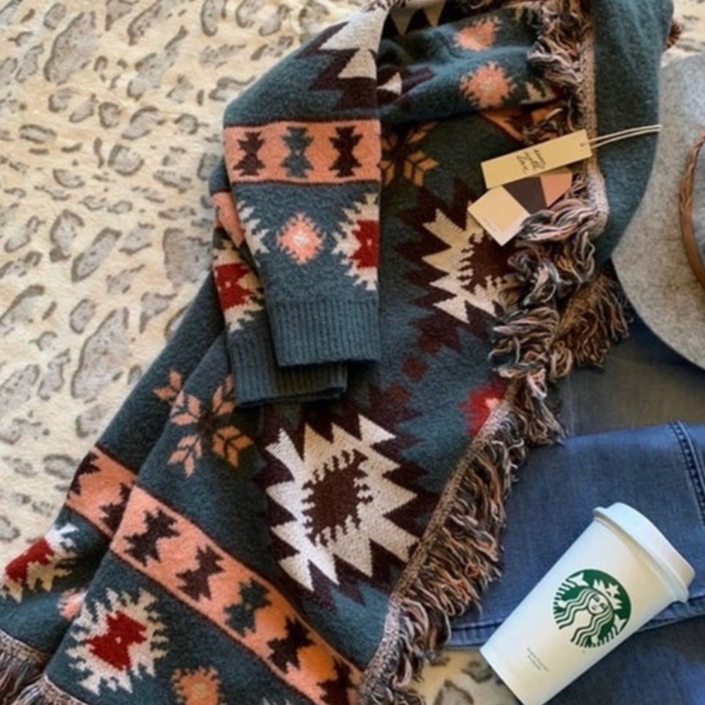 New Aztec Print Blanket Western Fringe Cardigan Sweater Coat - Picture 9 of 10